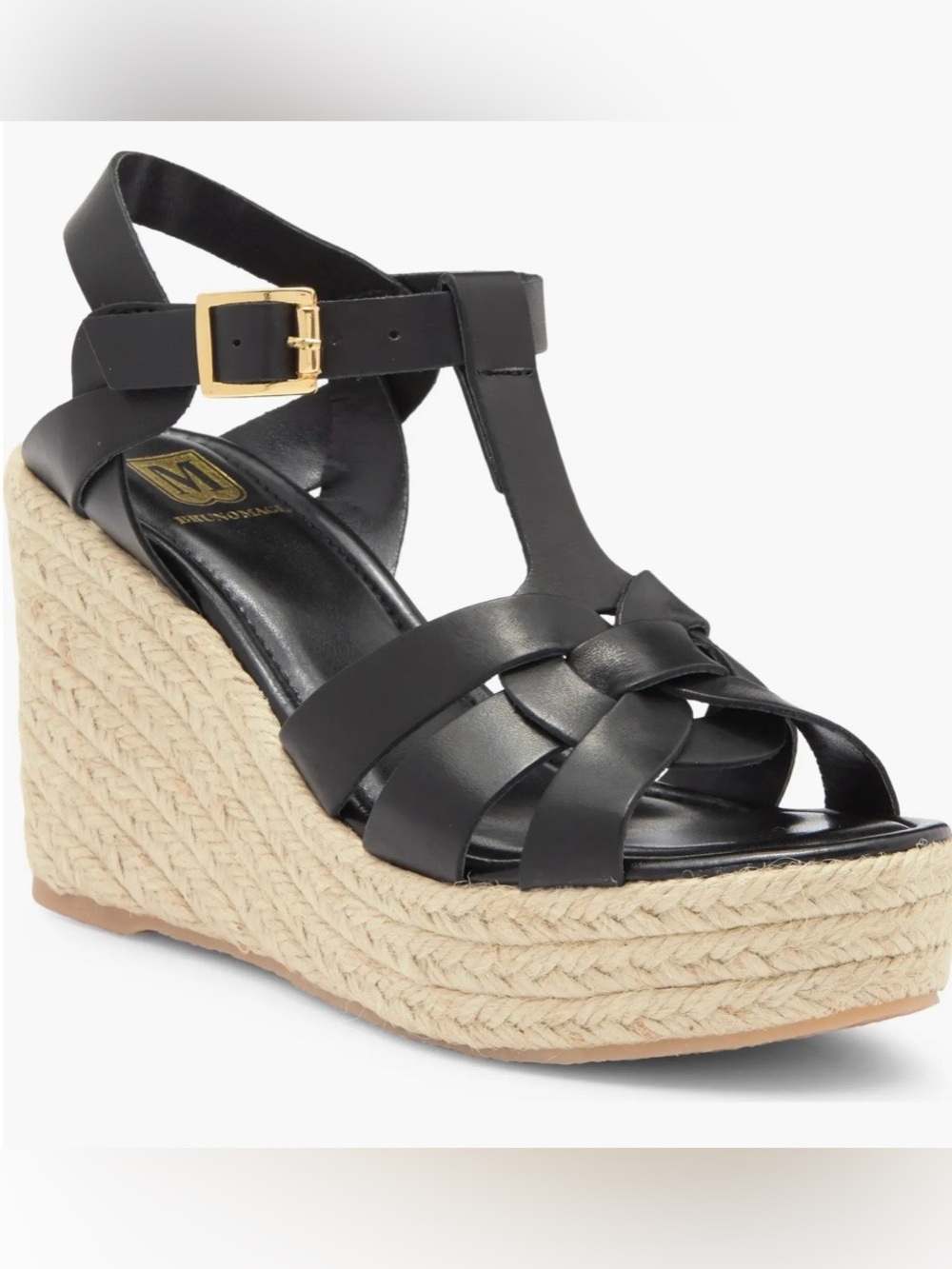 BRUNO MAGLI ESTRA LEATHER ESPADRILLE PLATFORM WEDGE SANDAL BLACK COLOR SIZE 10 M